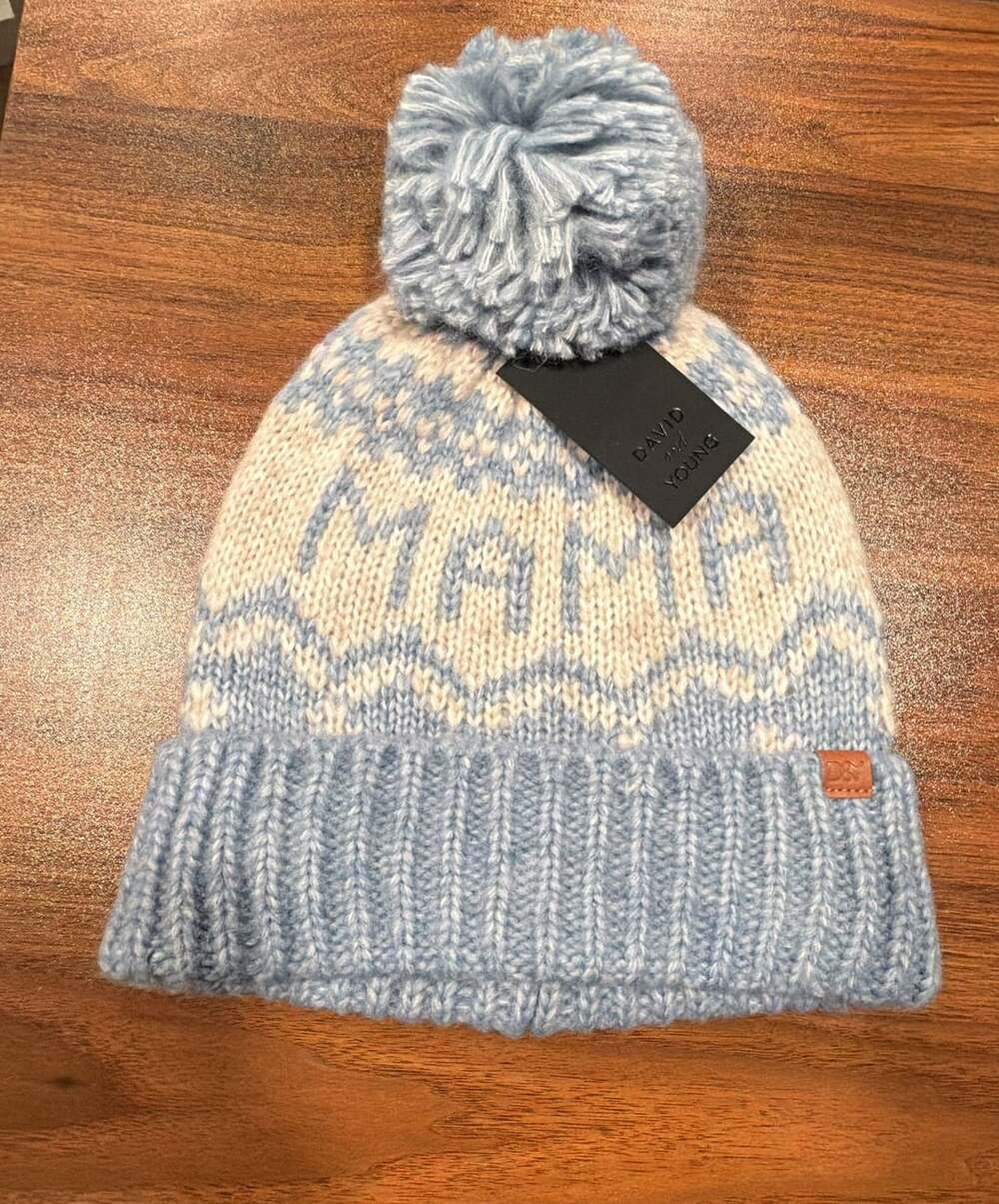 David And Young Mama Beanie Pom Blue White Fair Isle